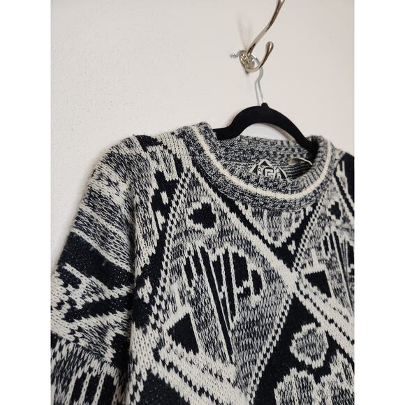 Vintage Sweater 80s 90s Grandpa Abstract Grunge Art Black White Lg Permit - Picture 4 of 5